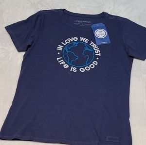 NWT WOMEN LIFE IS GOOD EMBROIDERED "IN LOVE WE TRUST" CRUSHER  NAVY